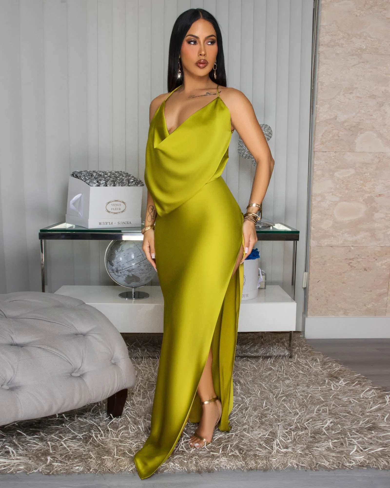 Mademoiselle Moss Green Draped Halter Maxi Dress sold by Chic Couture