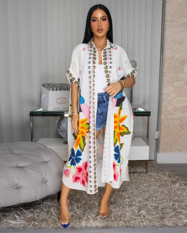 Letitia Off-White Multi-Color Floral Print Linen Maxi Dress sold by Chic Couture