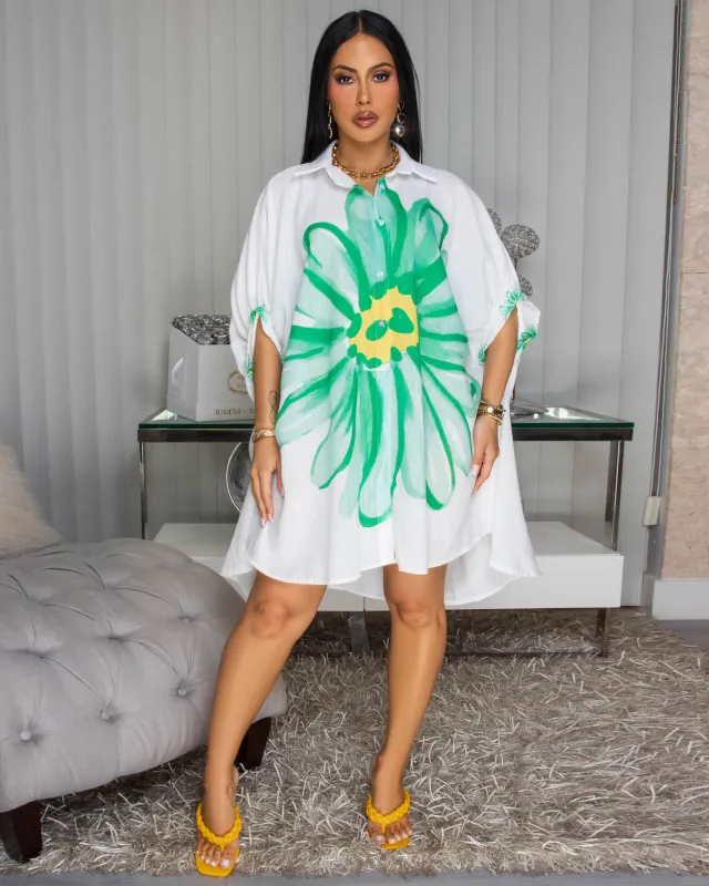 Haven Green Sunflower Print Off-White Linen Shirt Dress sold by Chic Couture