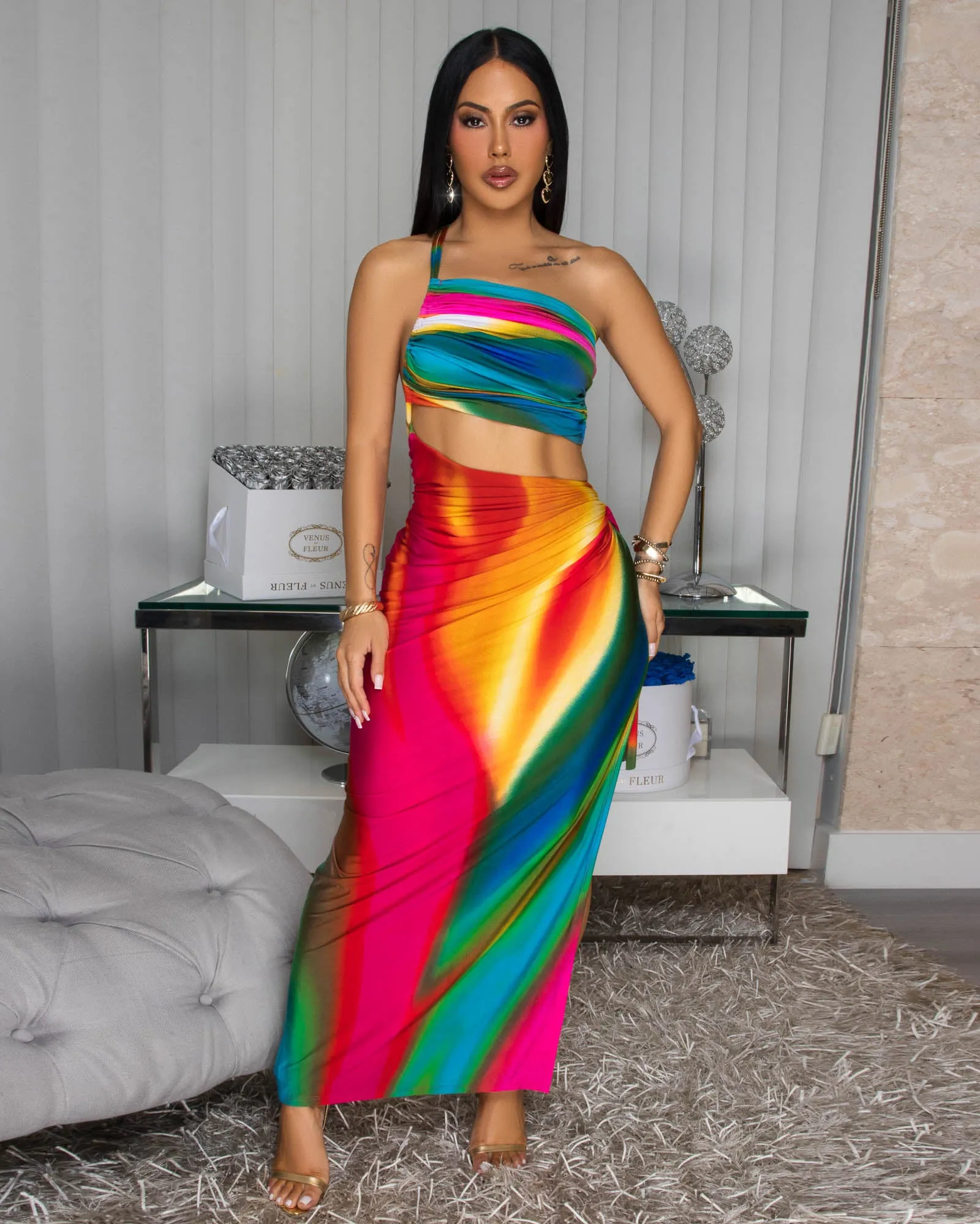 Lenny Rainbow Ruched Cut-Out Maxi Dress sold by Chic Couture product image thumbnail 2