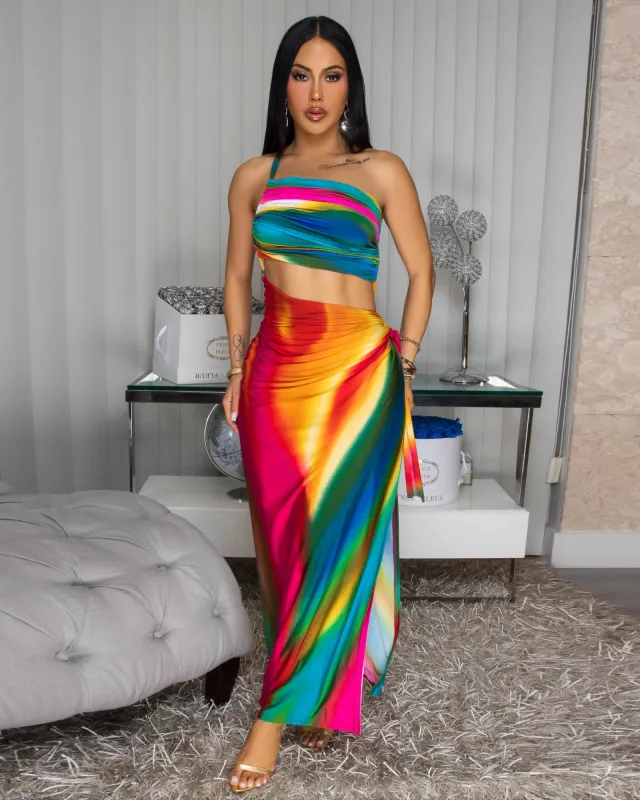 Lenny Rainbow Ruched Cut-Out Maxi Dress sold by Chic Couture