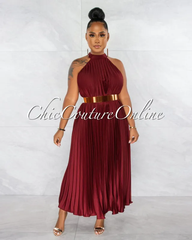 Nicia Burgundy Halter Pleated Silky Maxi Dress sold by chic