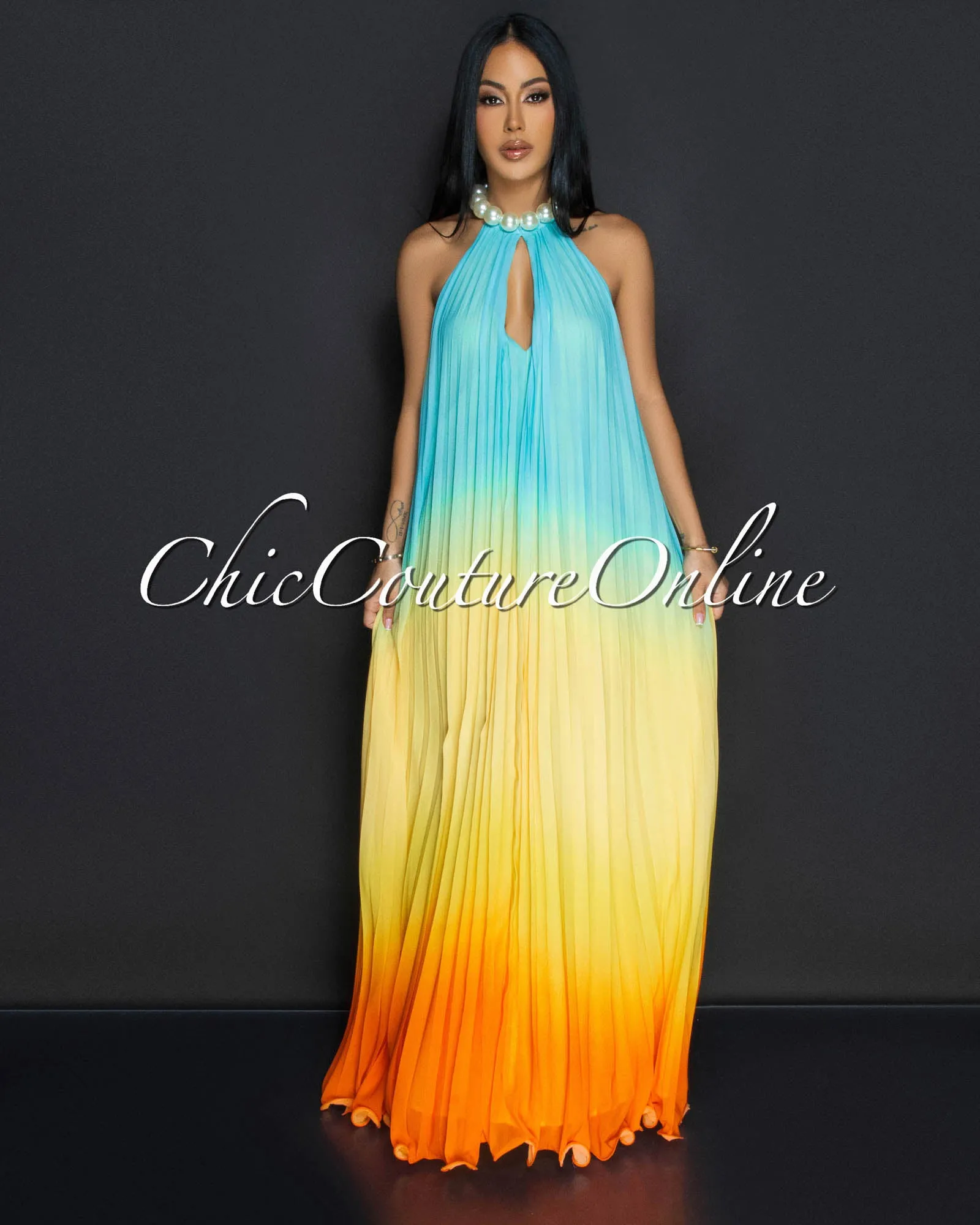 Poet Yellow Orange Pearl Halter Pleated Dress sold by Chic Couture product image thumbnail 3