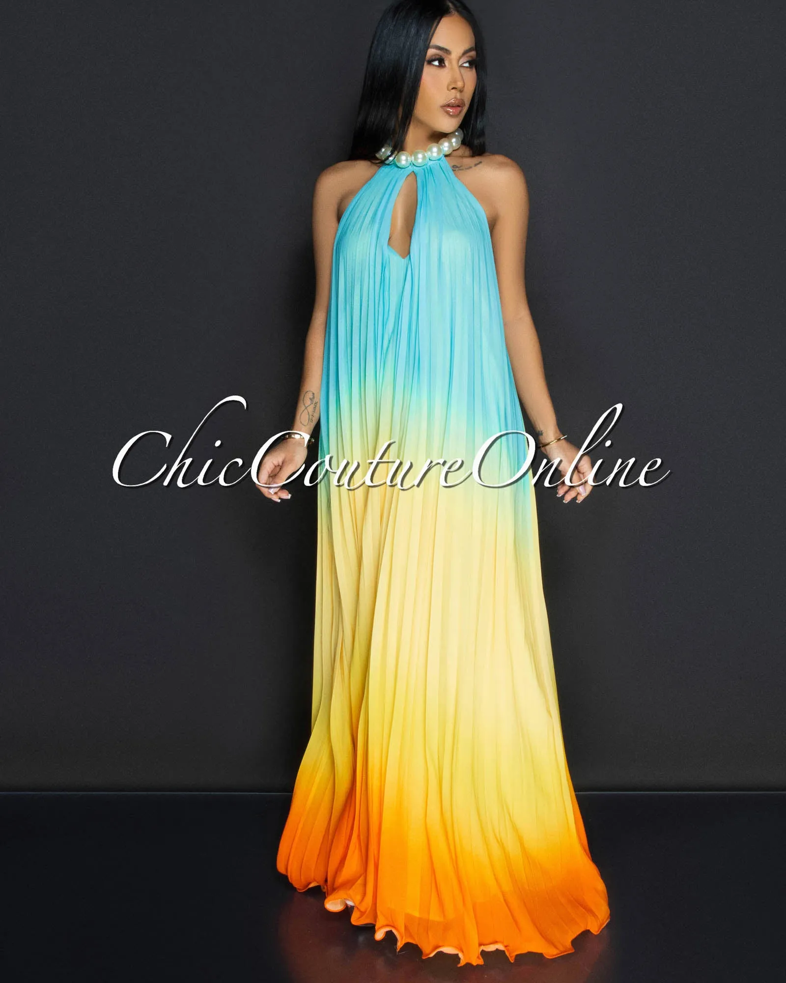 Poet Yellow Orange Pearl Halter Pleated Dress sold by Chic Couture