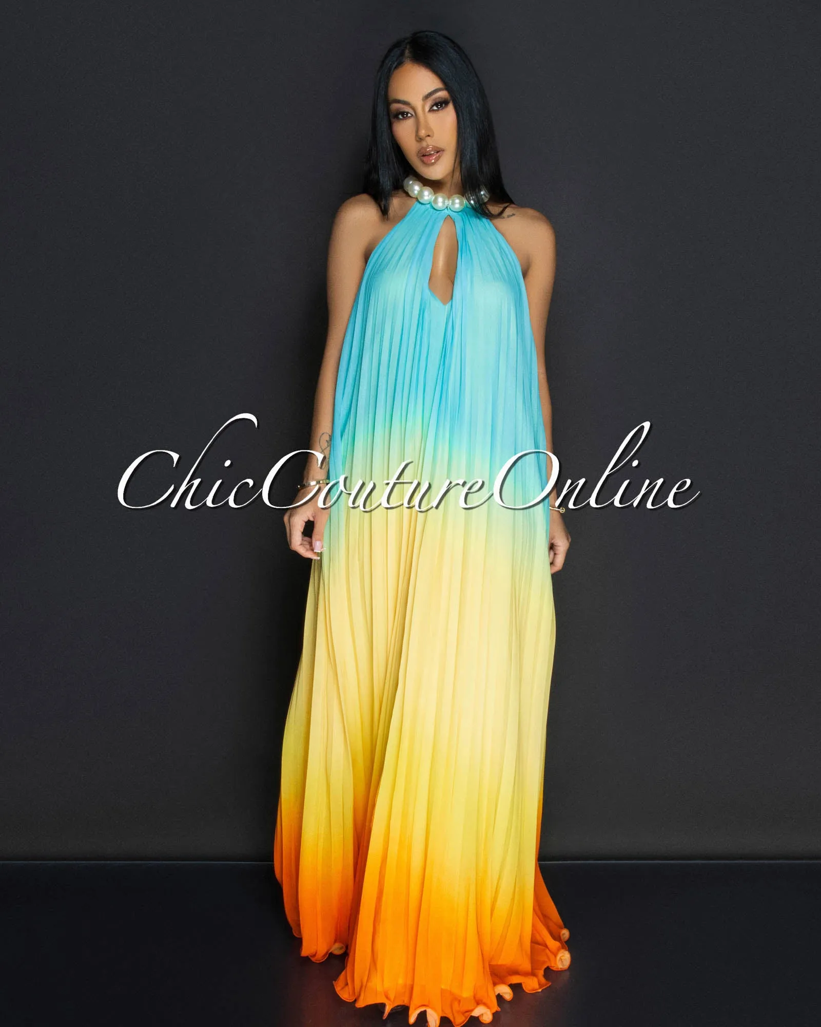 Poet Yellow Orange Pearl Halter Pleated Dress sold by Chic Couture product image thumbnail 2