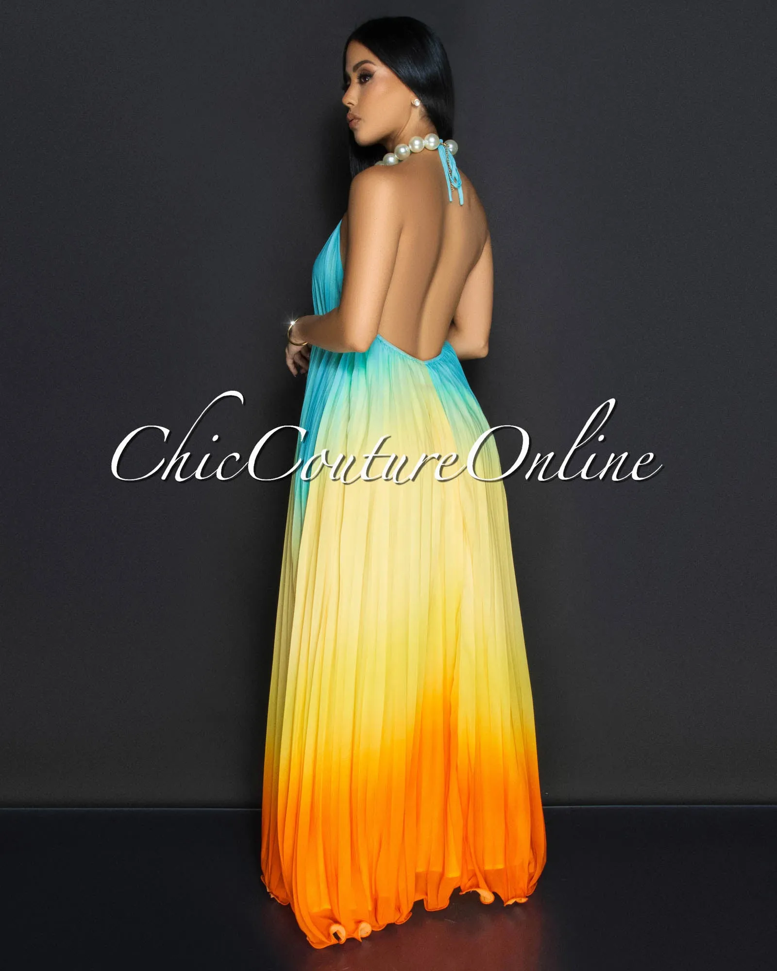 Poet Yellow Orange Pearl Halter Pleated Dress sold by Chic Couture product image thumbnail 4
