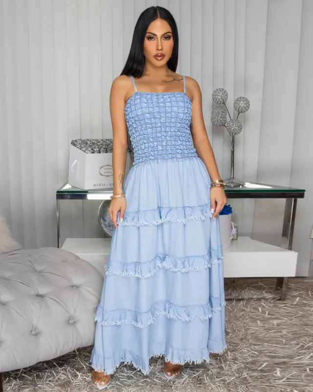 Lulabell Light Blue Denim Maxi Dress sold by Chic Couture