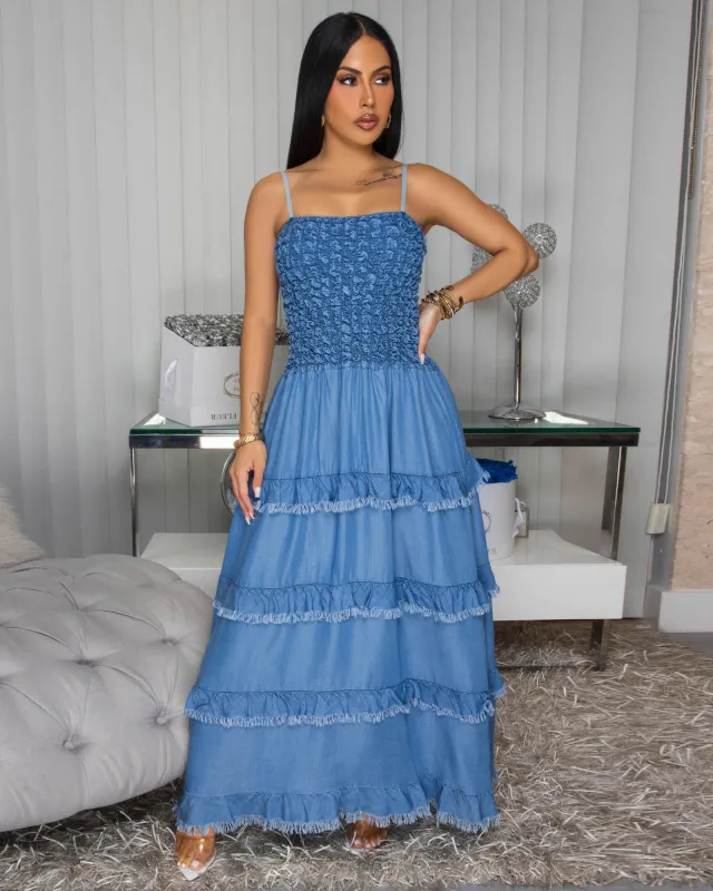 Lulabell Medium Blue Denim Maxi Dress sold by Chic Couture