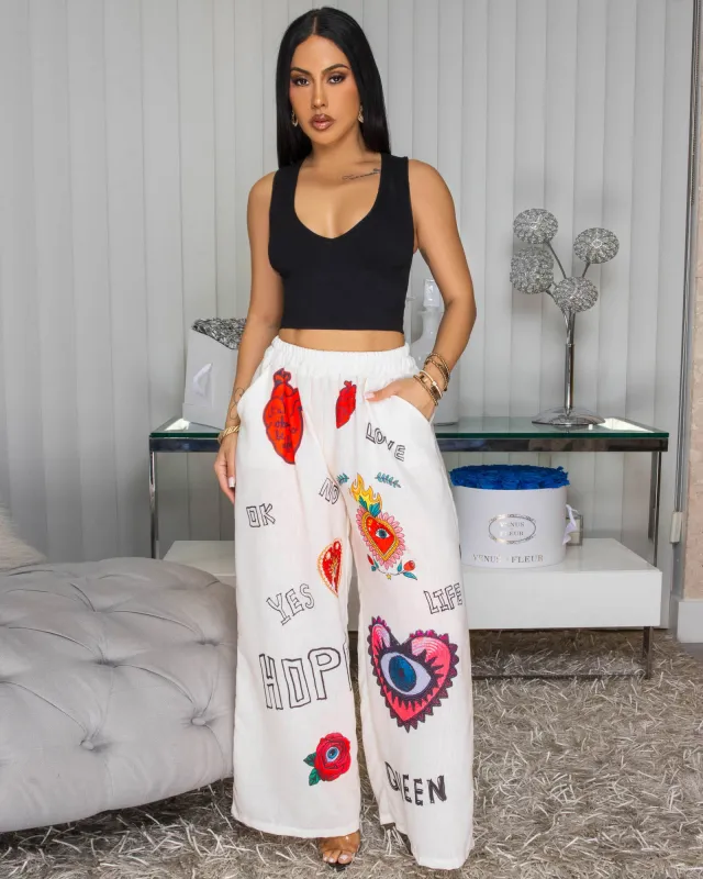 EvilEye Cream Multi-Color Print Linen Pants sold by Chic Couture