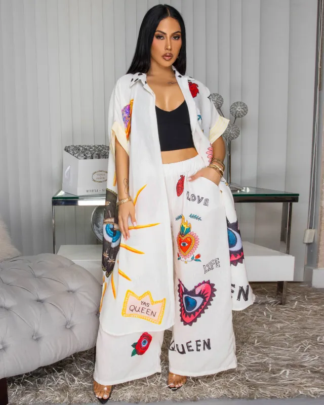 EvilEye Cream Multi-Color Print Linen Maxi Dress sold by Chic Couture