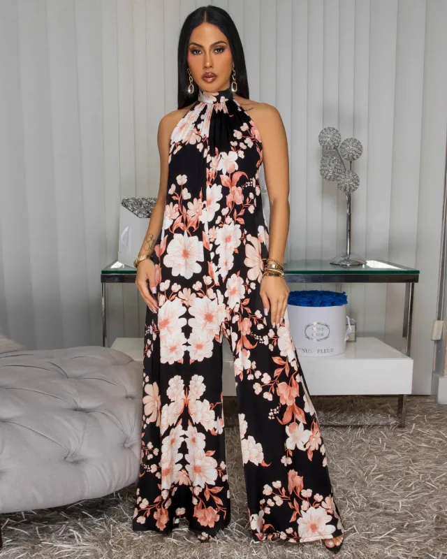 Anjorie Black Blush Floral Print Silky Halter Jumpsuit sold by Chic Couture