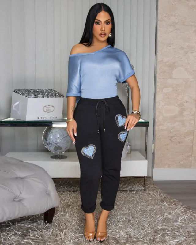 Mathilde Black Blue Hearts Jogger Pants sold by Chic Couture
