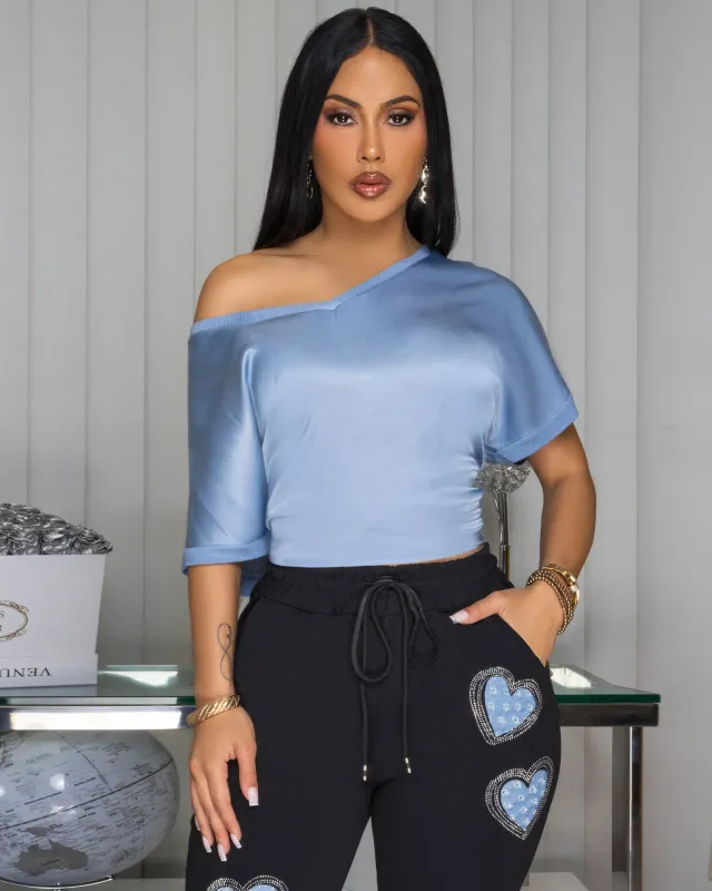 Sannela Slate Blue Silky V-Neckline Top sold by Chic Couture