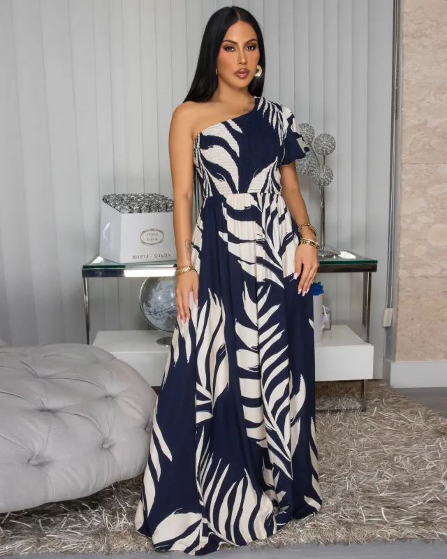 Louanna Navy-Blue Nude Floral Print Single Sleeve Dress sold by Chic Couture