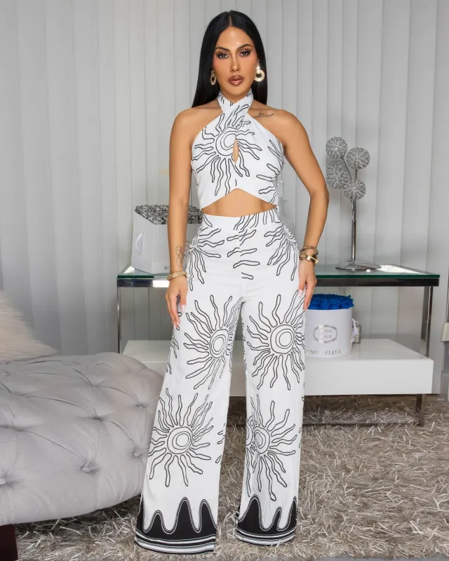 Idellia Off-White Black Print Top & Pants Set sold by Chic Couture