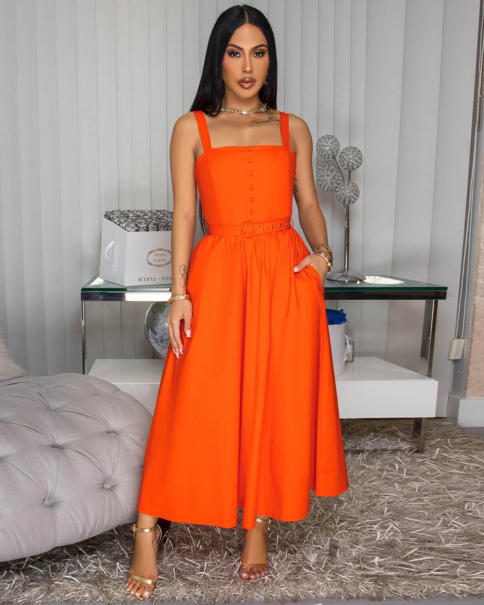 Everline Orange Belted Midi Dress sold by Chic Couture product image thumbnail 2