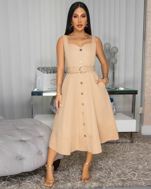 Melbourne Nude Belted Midi Dress sold by Chic Couture