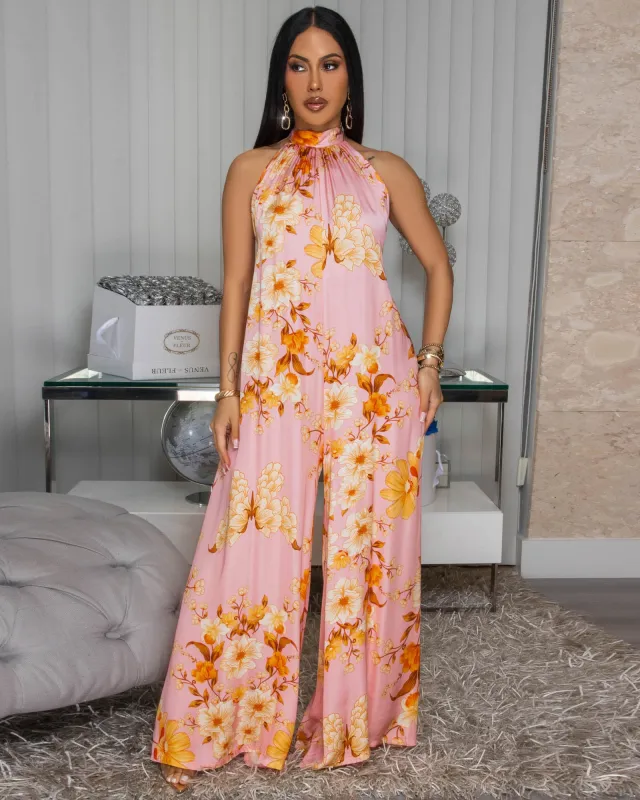 Anjorie Pink Orange Floral Print Silky Halter Jumpsuit sold by Chic Couture