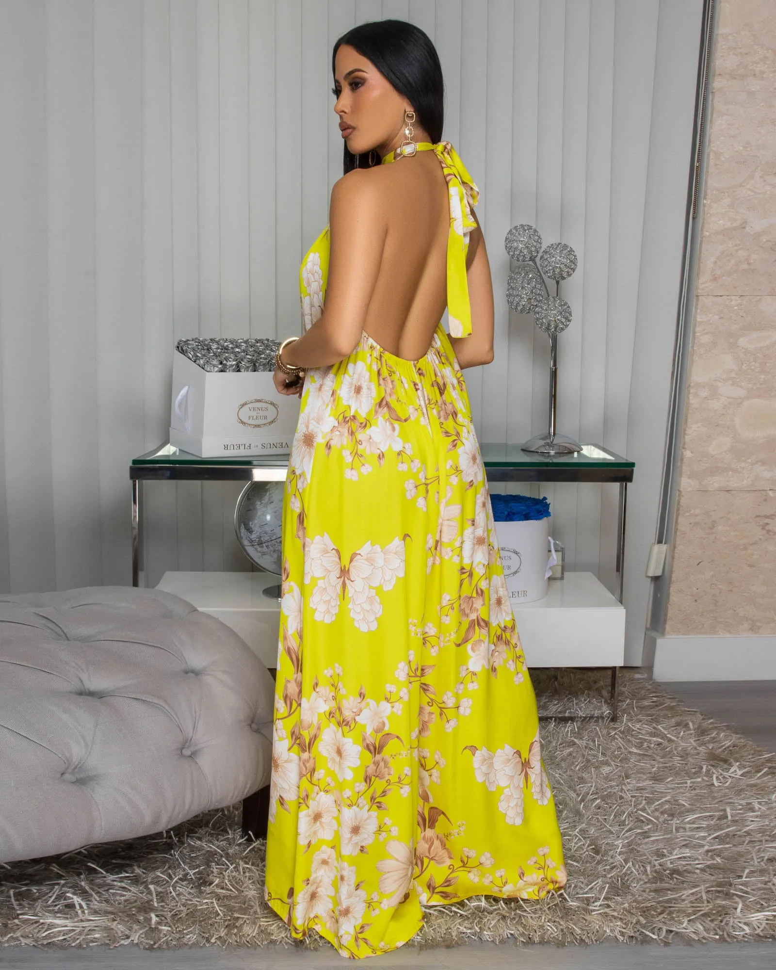 Anjorie Yellow Nude Floral Print Silky Halter Jumpsuit sold by Chic Couture product image thumbnail 4