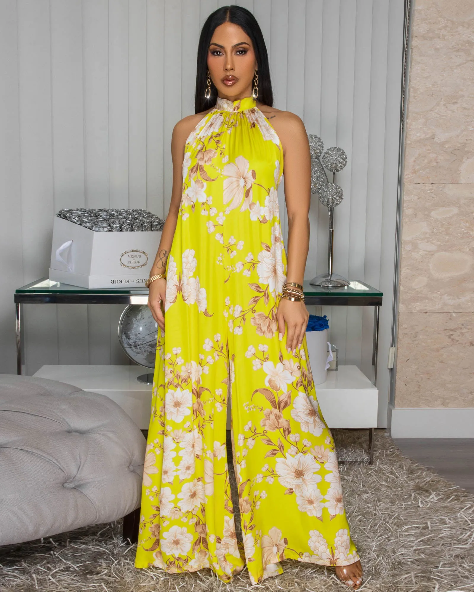 Anjorie Yellow Nude Floral Print Silky Halter Jumpsuit sold by Chic Couture