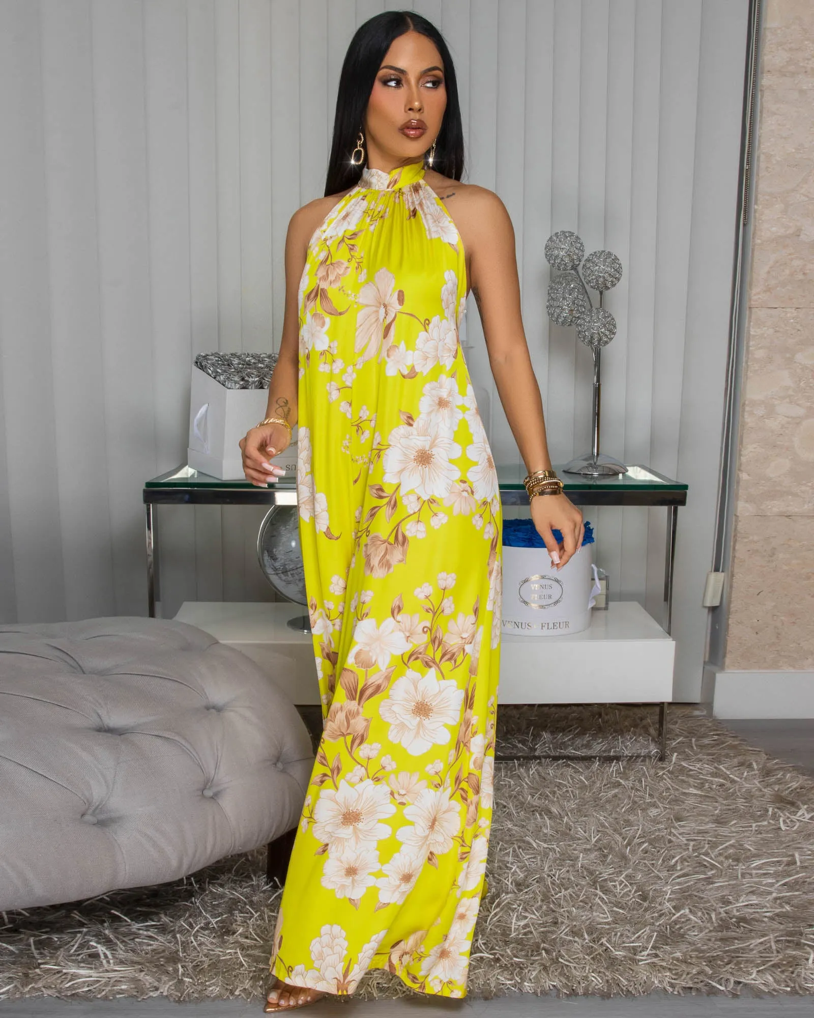 Anjorie Yellow Nude Floral Print Silky Halter Jumpsuit sold by Chic Couture product image thumbnail 3