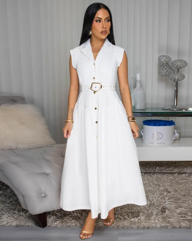 Kahina Off-White Belted Midi Dress sold by Chic Couture
