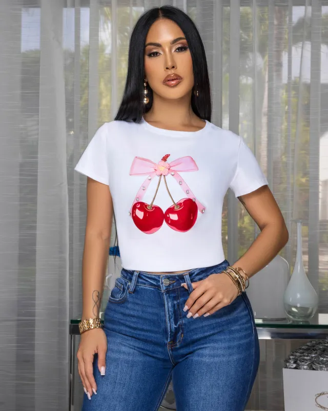 Cherries Off-White Bow Print Graphic T-Shirt sold by Chic Couture