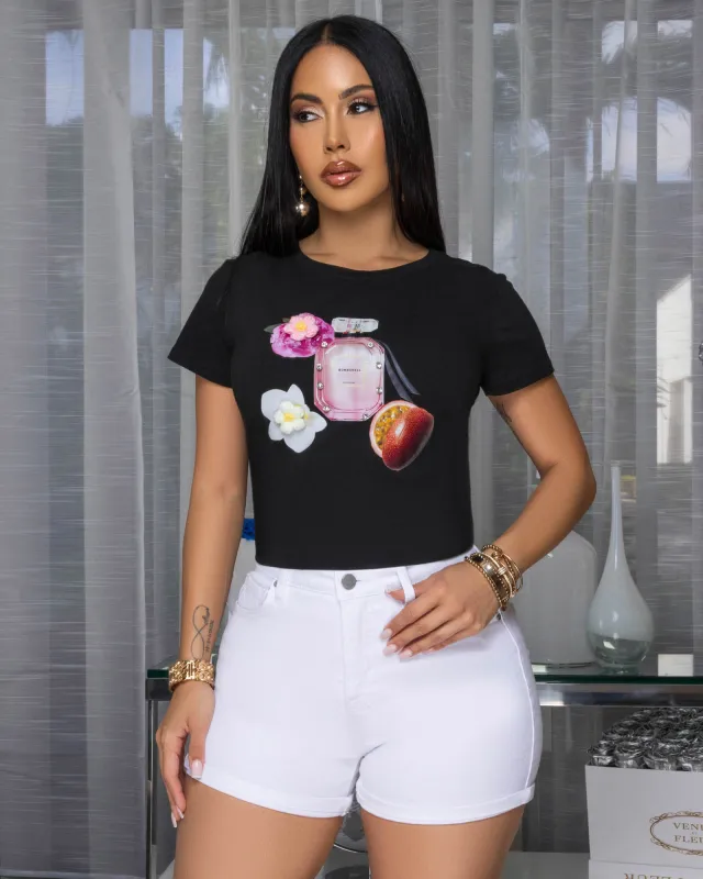 Bombshell Black Perfume Bottle Graphic T-Shirt sold by Chic Couture