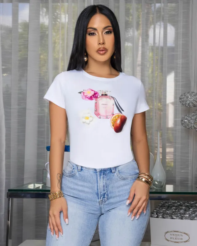 Bombshell Off-White Perfume Bottle Graphic T-Shirt sold by Chic Couture