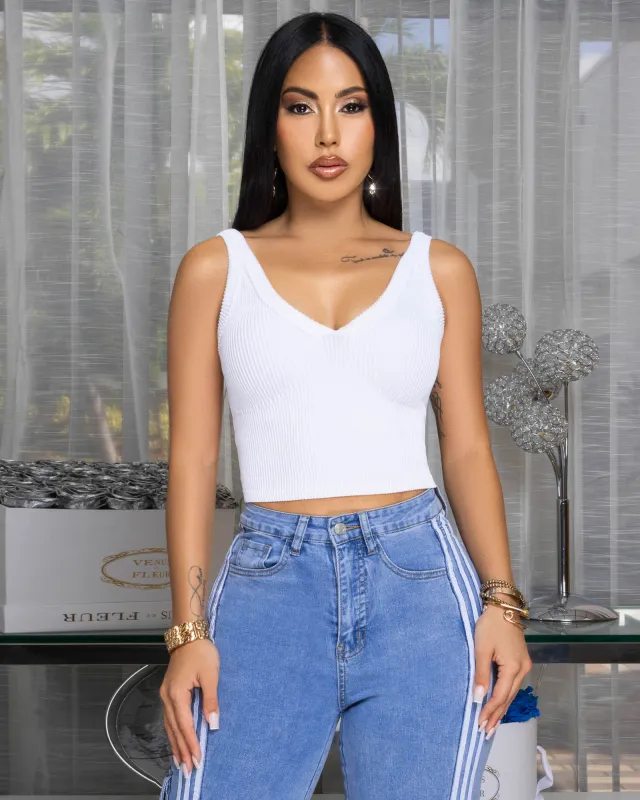 Lorane White V Neck Ribbed Top sold by Chic Couture