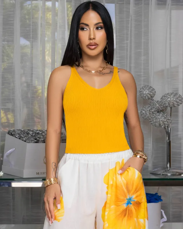 Maella Mustard Yellow Ribbed Tank Top sold by Chic Couture