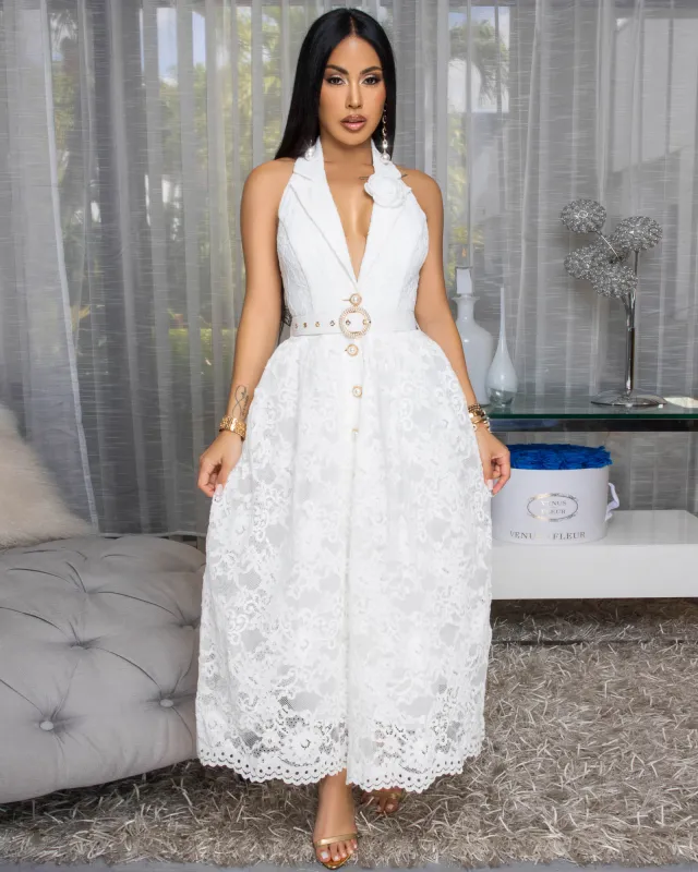Ruthshell Off-White Lace Halter Midi Dress sold by Chic Couture
