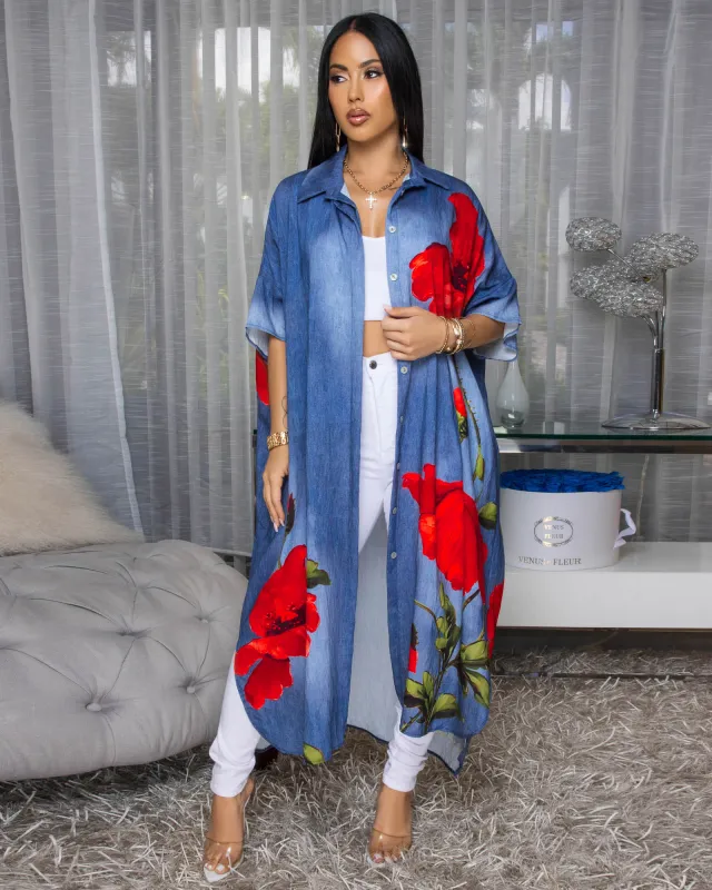 Charina Blue Denim Print Red Floral Maxi Dress sold by Chic Couture