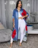 Charina Blue Denim Print Red Floral Maxi Dress sold by Chic Couture