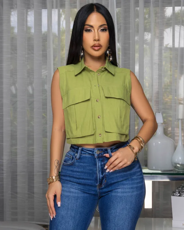 Taliana Olive Green Sleeveless Linen Crop Shirt sold by Chic Couture