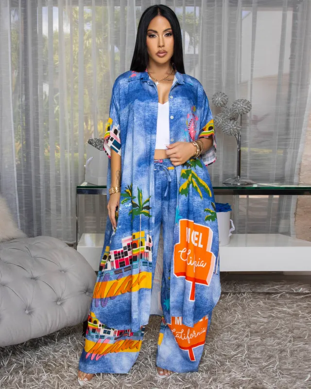 Miami Blue Denim Print Multi-Color Maxi Dress sold by Chic Couture