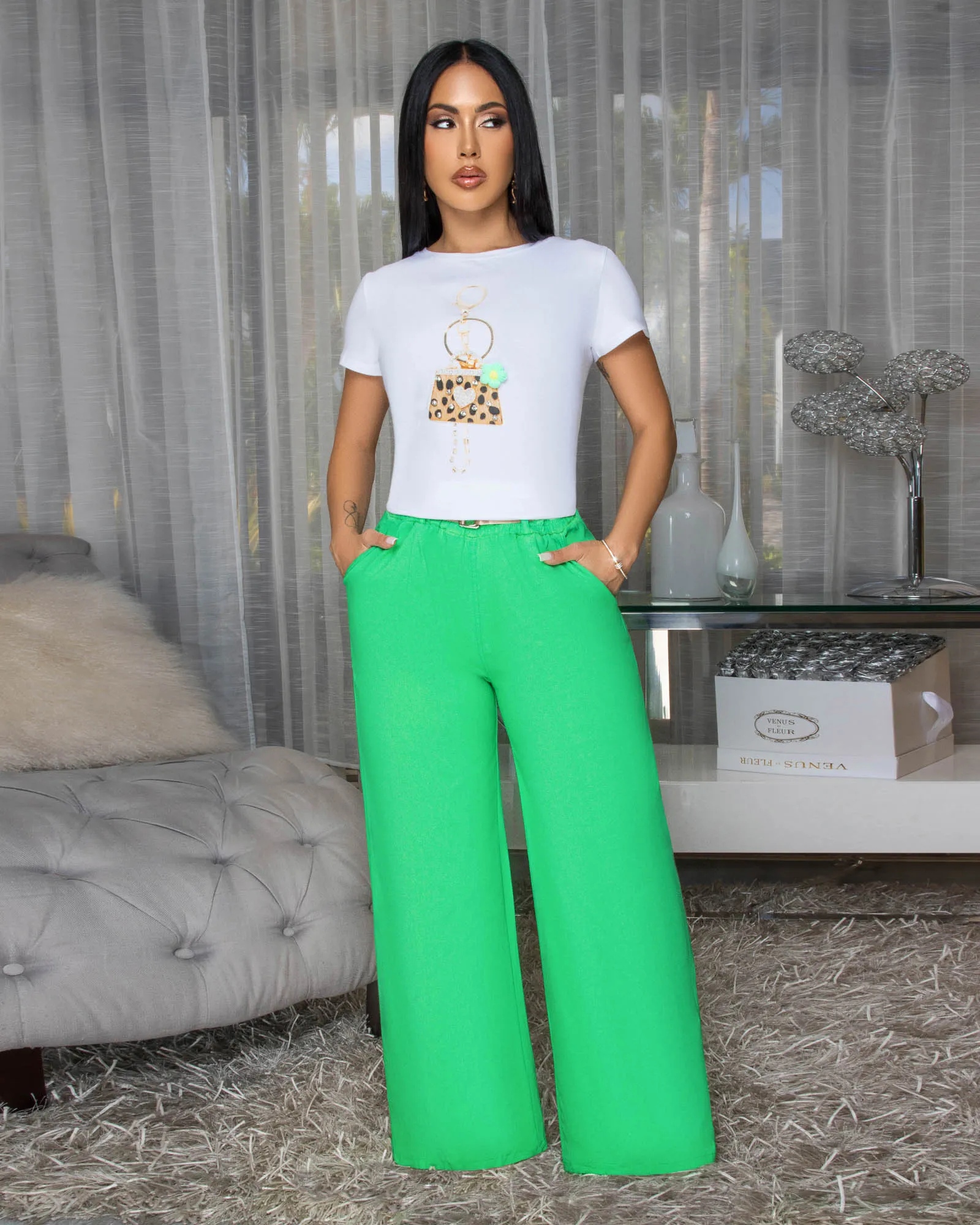 Venus Bright Green Belted Straight Legs Pants sold by Chic Couture product image thumbnail 2