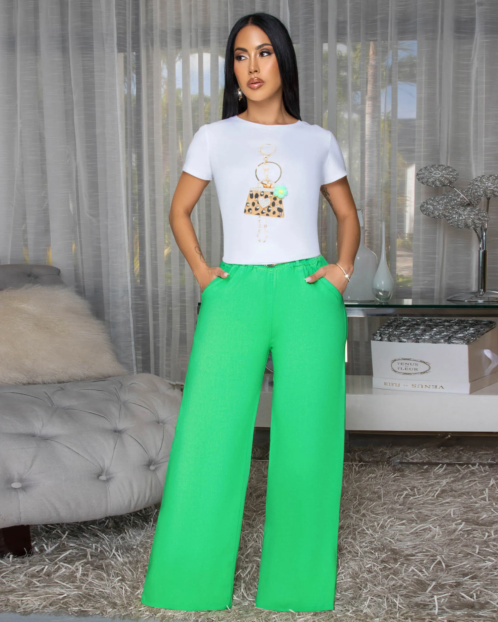 Venus Bright Green Belted Straight Legs Pants sold by Chic Couture