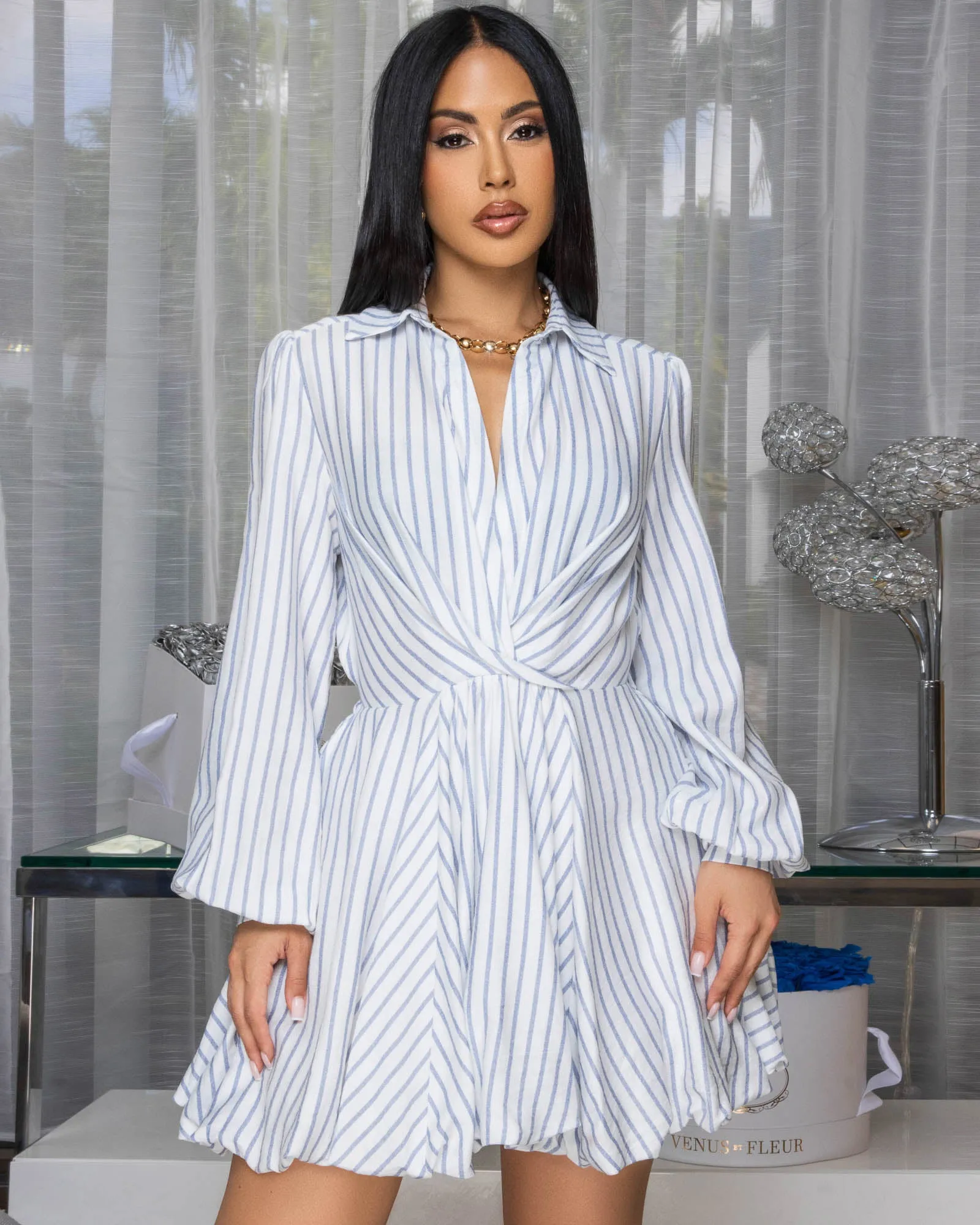 Maureen Blue White Stripes Skater Dress sold by Chic Couture product image thumbnail 3