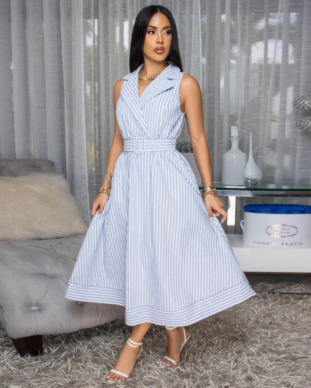 Vera White Blue Stripes Belted Midi Dress sold by Chic Couture