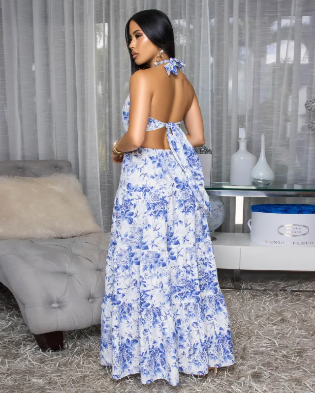 Yvette White Blue Floral Print Open Back Maxi Dress sold by Chic Couture