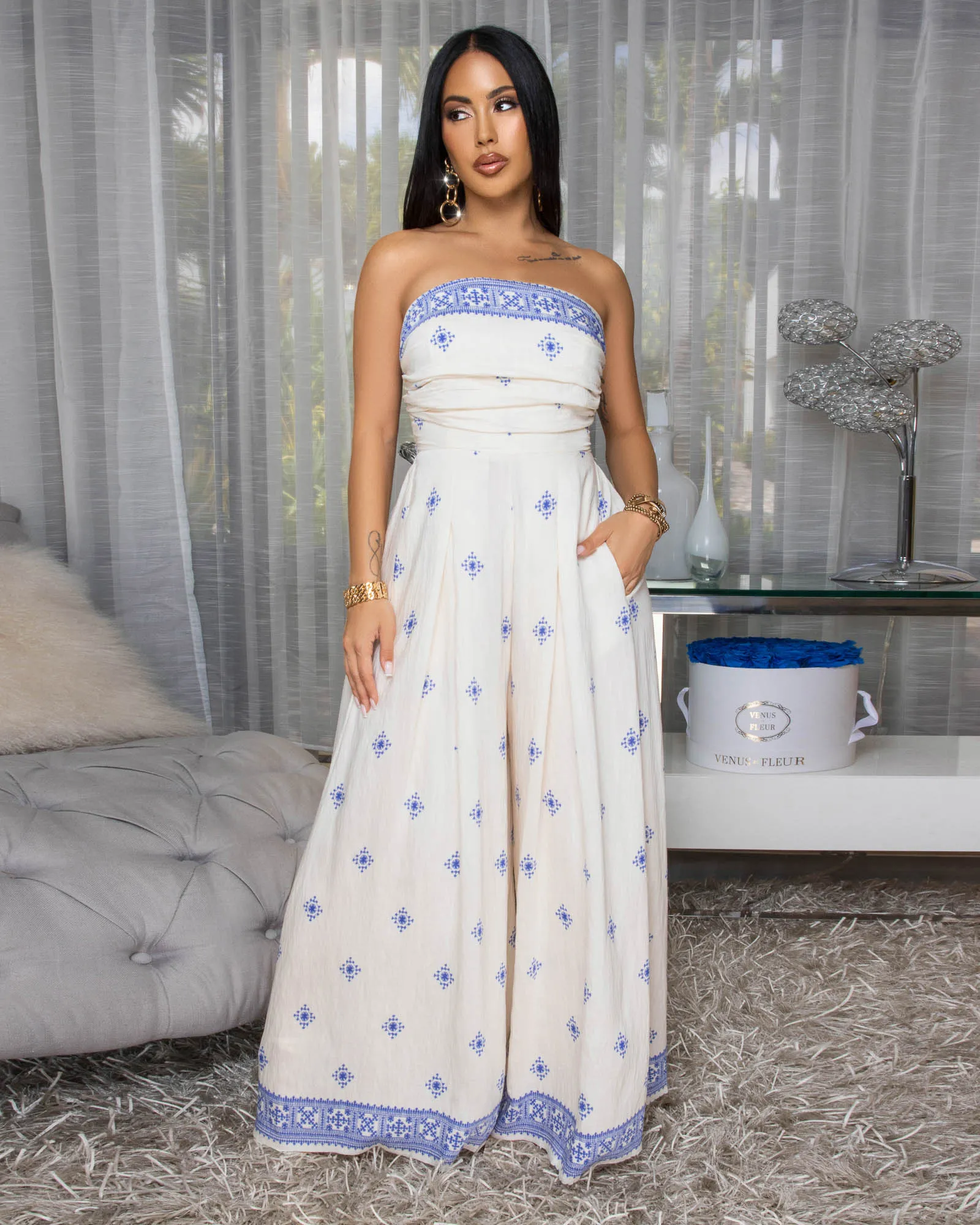 Taneika Cream Blue Print Strapless Jumpsuit sold by Chic Couture product image thumbnail 3