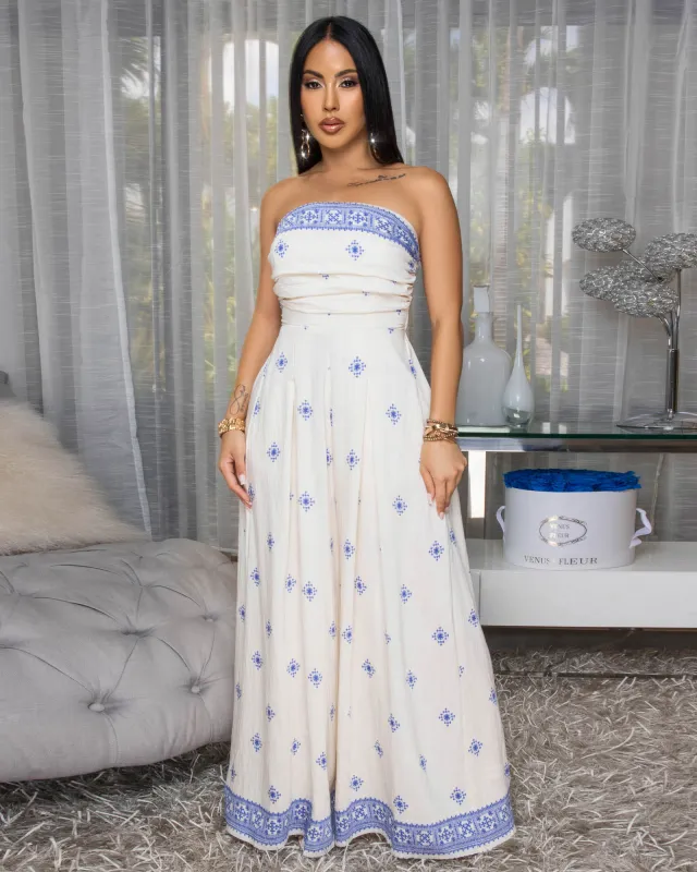 Taneika Cream Blue Print Strapless Jumpsuit sold by Chic Couture
