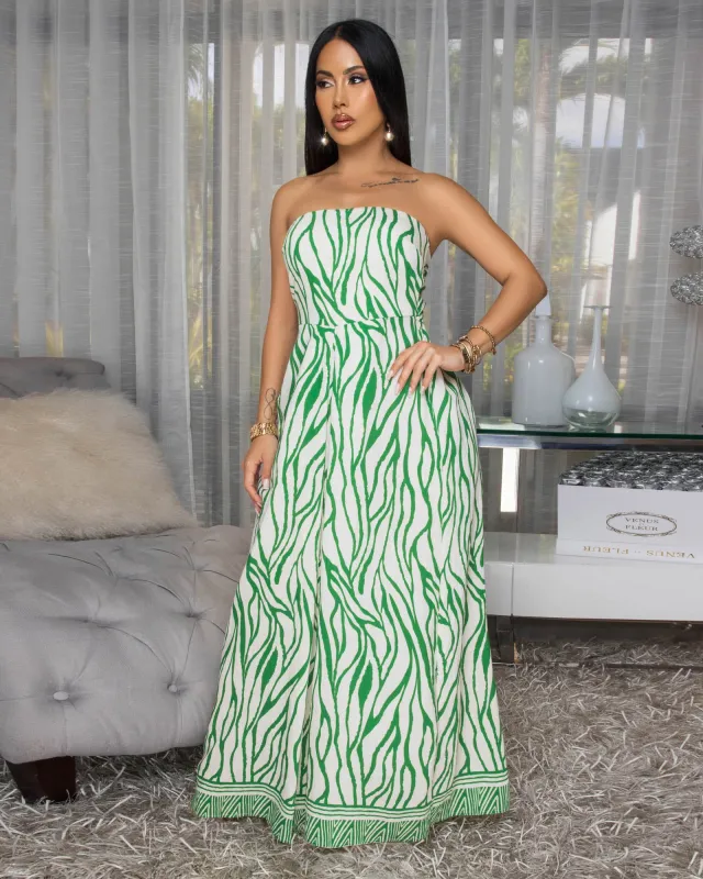 Darby Cream Green Print Strapless Jumpsuit sold by Chic Couture