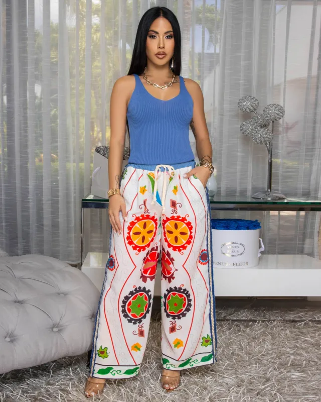 Avery Cream Multi-Color Coral Print Linen Pants sold by Chic Couture