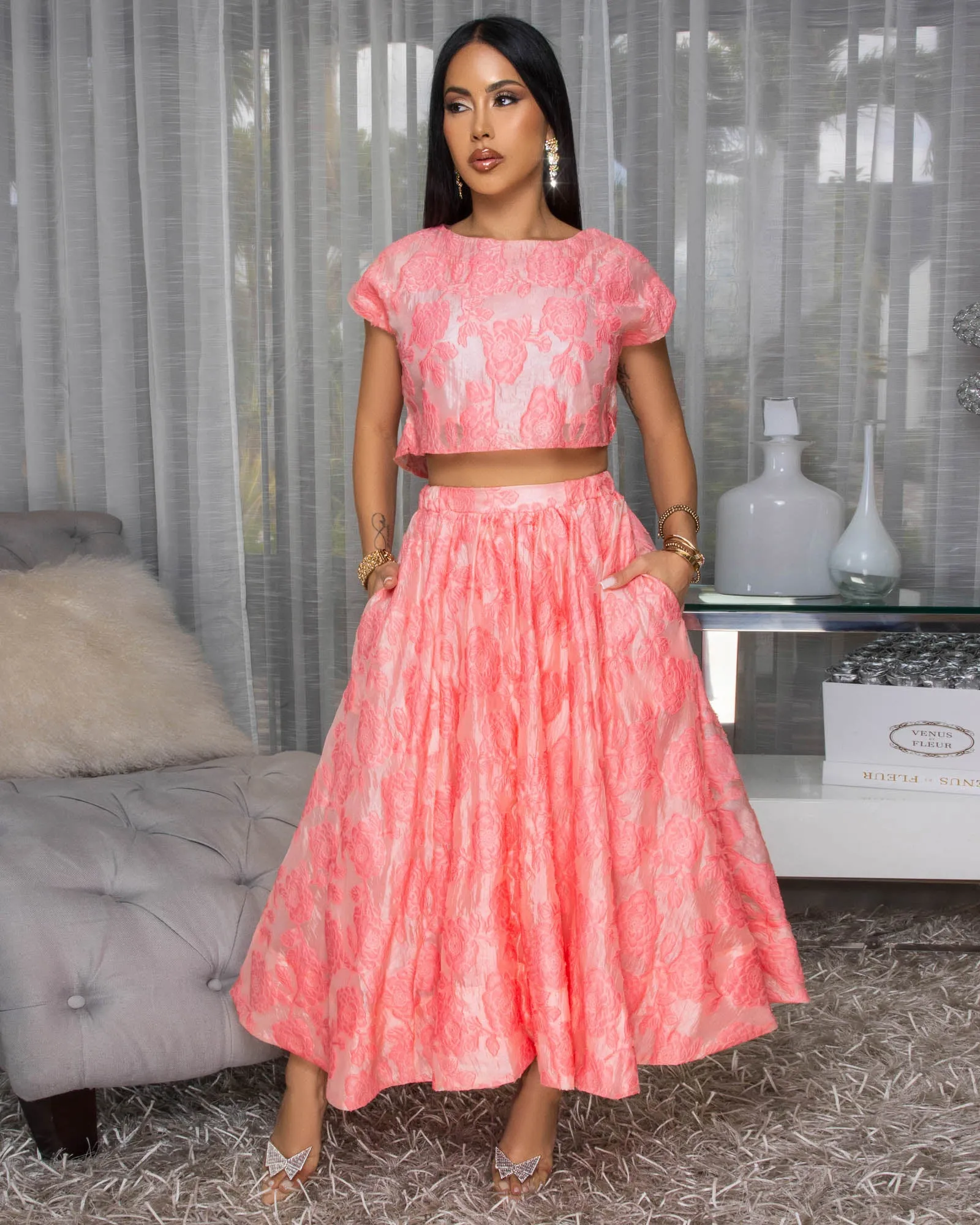 Desideria Coral Textured Top & Skirt Set sold by Chic Couture