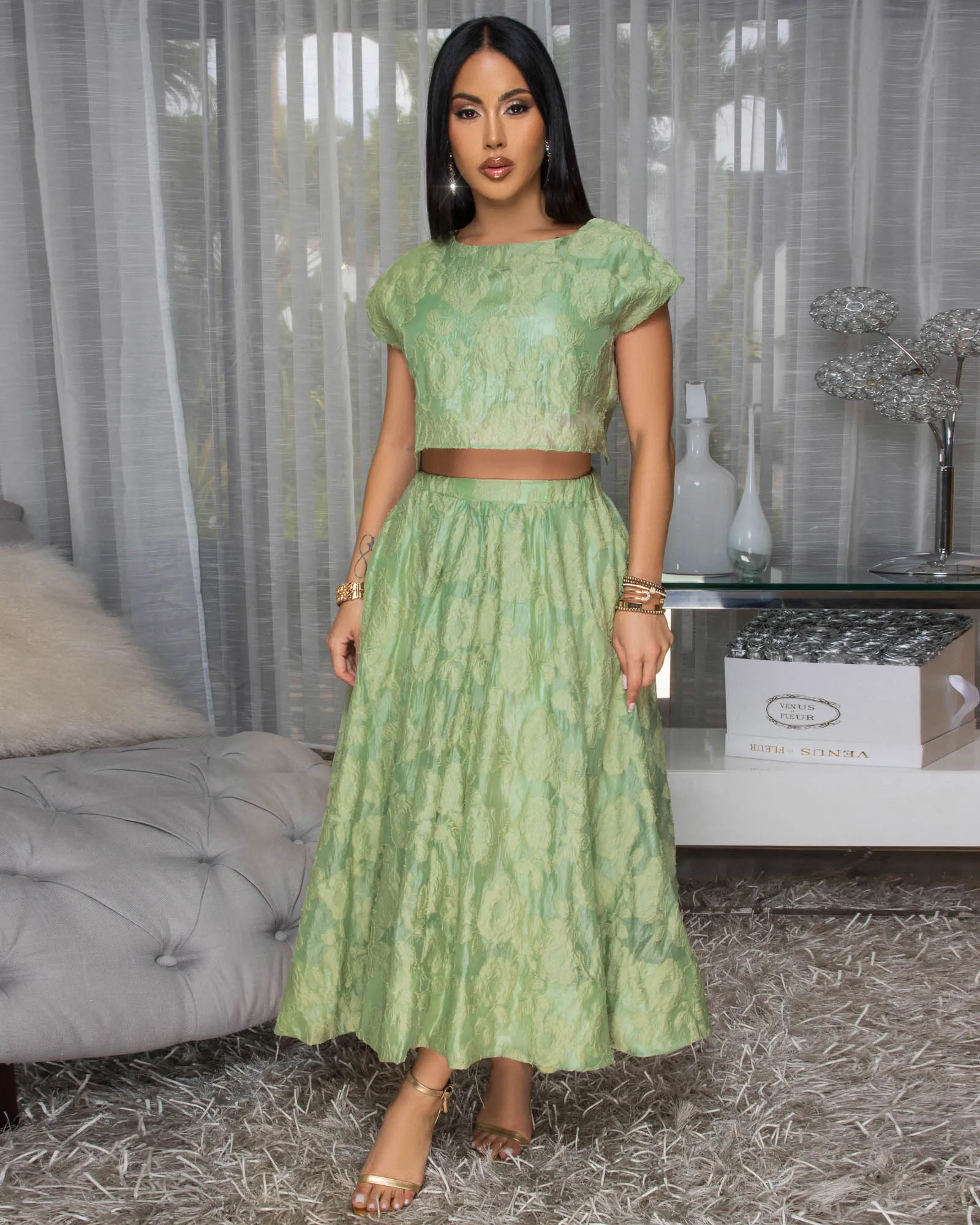 Desideria Olive Green Textured Top & Skirt Set sold by Chic Couture product image thumbnail 3