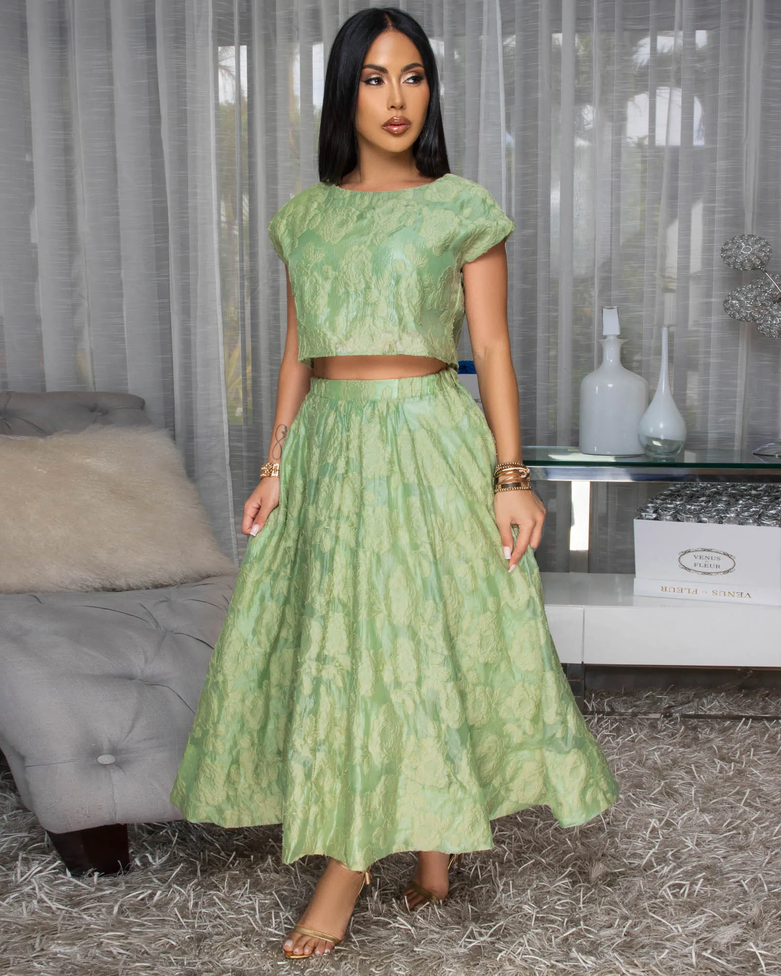 Desideria Olive Green Textured Top & Skirt Set sold by Chic Couture