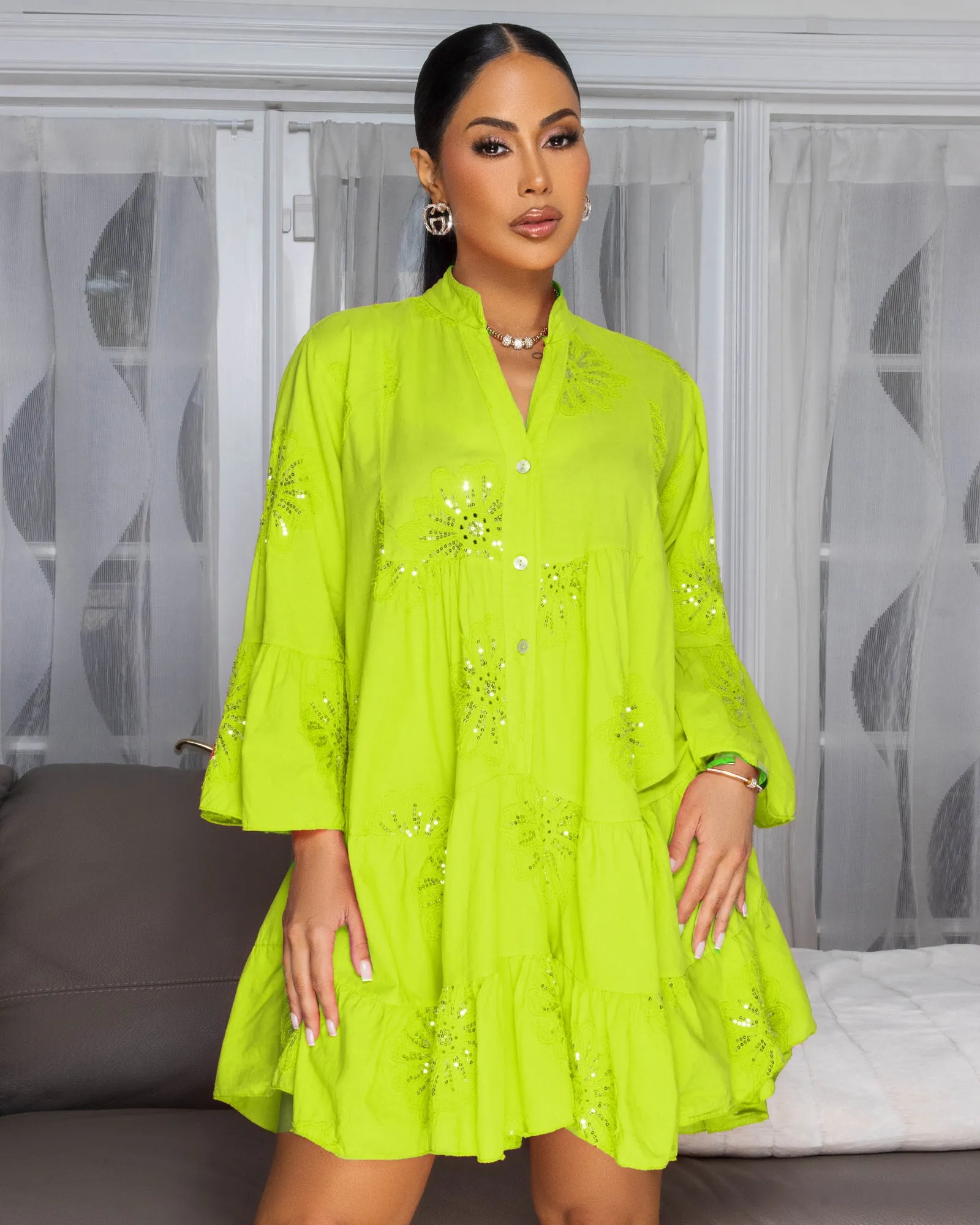 Lorelei Lime Green Embroidery Sequins Shirt Dress sold by Chic Couture product image thumbnail 3