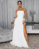 Sandrine Off-White Ruched Slit Gown sold by Chic Couture
